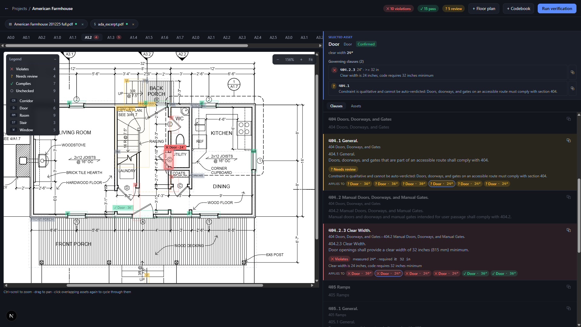 PlanLint dual-pane reviewer interface showing a door violating ADA 404.2.3 with failing measurement and clause details