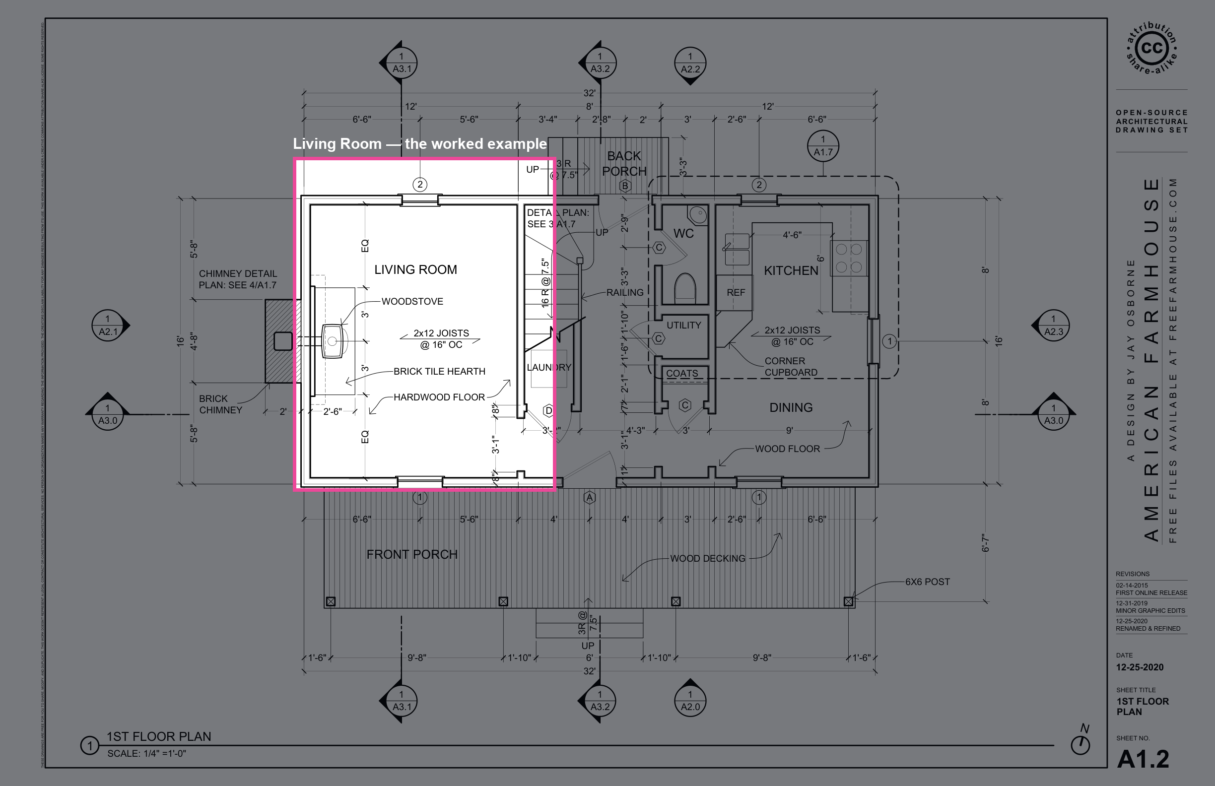 First-floor-plan sheet with the Living Room region highlighted