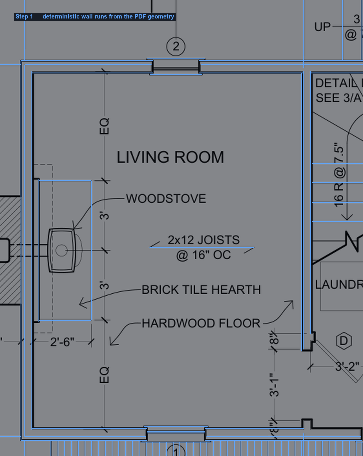 Extracted wall runs over the Living Room, drawn in blue
